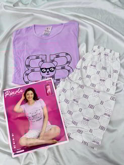 ç3732 - kısa kollu kapri desenli pijama takımı - lila