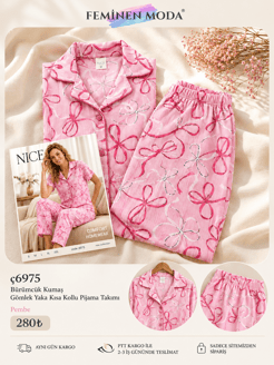 ç6975-bürümcük kumaş gömlek yaka kısa kollu şortlu pijama takımı-pembe