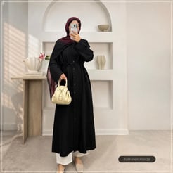 1699-roba kumaş hakim yaka uzun tunik-siyah 