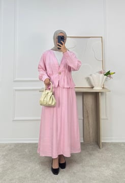 5611-modal kumaş önü dügmeli etekli takım-pembe