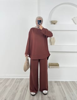 9266 kristal kumaş pantolonlu takım -kiremit