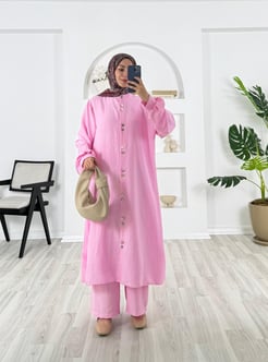 3621-modal kumaş-boydan düğmeli pantolonlu takım-pembe