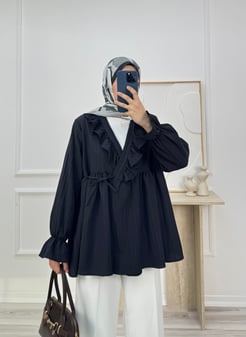 0253-nada kumaş önden fırfırlı bağlamalı kimona-siyah