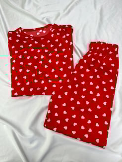 Ç1196-Milan kumaş uzun kollu küçük kalpli pijama takımı- kırmızı