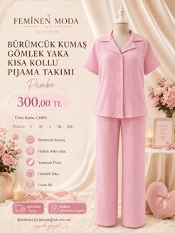 ç6802-bürümcük kumaş gömlek yaka kısa kollu pijama takımı-pembe