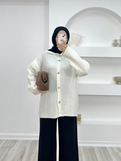 8882-fitilli dokuma triko düğmeli yakalı hırka-beyaz