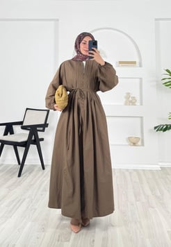 6068-poplin kumaş-önü nervüllü biyeli elbise-acı kahve 