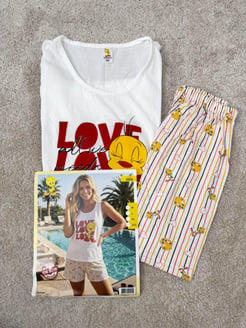 ç3102-sıfır kol şortlu tweety pijama takımı-beyaz