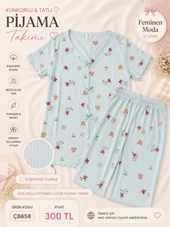 ç8658-kaşkorse kumaş kısa kollu ayıcıklı pijama takımı-yeşil
