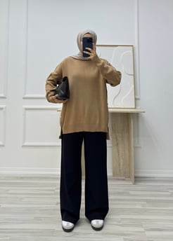 2183-kenarları gold düğme detaylı triko tunik-sütlü kahve