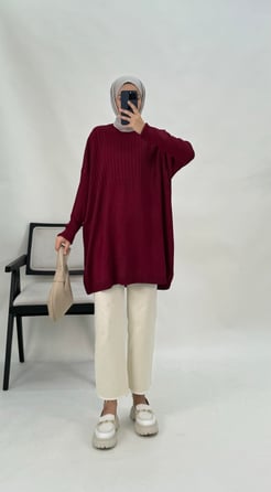 3157-çizgi detaylı triko tunik-bordo