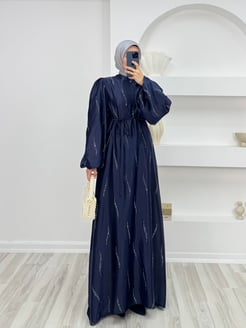 5457-desenli taşlı çilek saten elbise-lacivert