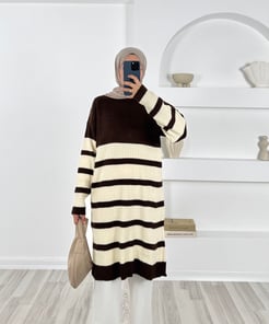 7648- balıkçı yaka çizgili triko tunik-acı kahve