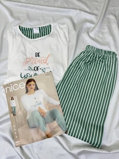 Ç5521- büyük beden milan çizgili pijama takımı - yeşil 
