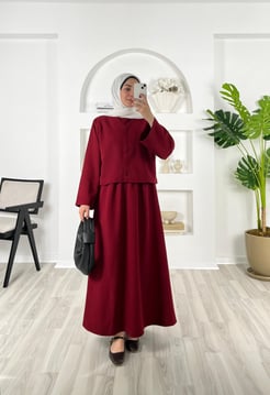 6235-dabıl kumaş-ceketli elbise-bordo