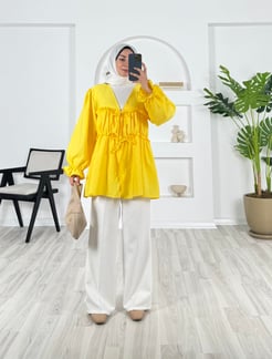 4182-poplin kumaş-önden bağlamalı bilek ucu lastikli kimono- sarı