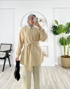 7886-nada kumaş-kendinden kemerli gizli düğmeli gömlek-taş