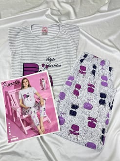 ç2007 - kısa kollu mor desenli pijama takımı - gri