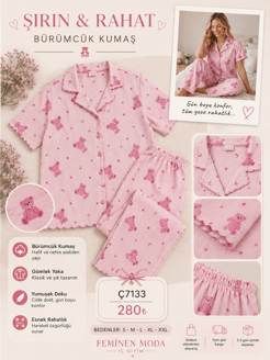 ç7133-bürümcük kumaş gömlek yaka pijama takımı-pembe