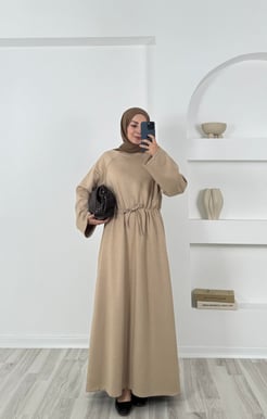 8143 oysho kumaş  beli büzgülü elbise krem