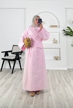 4652 - poplin kumaş yaka detaylı uzun kimona ceket - pembe 