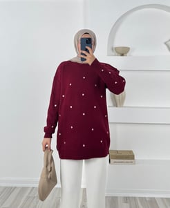 3253 - kalp nakışlı triko tunik -bordo