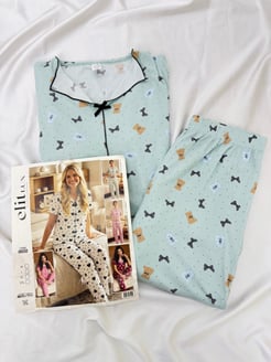 ç8658-raporlu kaşkorse kısa kol pijama takımı-su yeşili