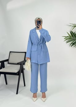 8716 melanj keten kumaş önden bağlamalı pantolonlu takım bebe mavi