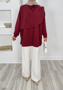 1135-terikoton kumaş broşlu tunik-bordo