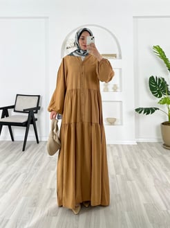 6158-çilek kumaş-beline kadar düğmeli elbise-sütlü kahve