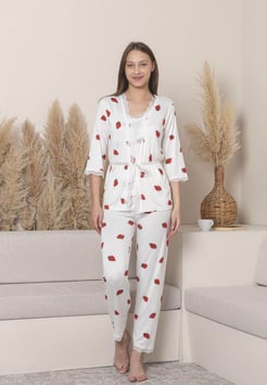 ç14693 - ip askılı sabahlıklı çilekli  pijama takımı seti - beyaz