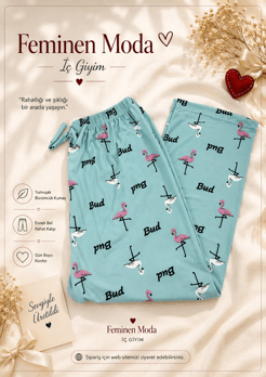 ç4632-milan kumaş battal flamingo pijama altı-su yeşili 