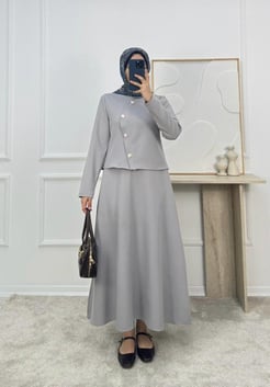 1719-dabıl krep kumaş etekli takım-gri