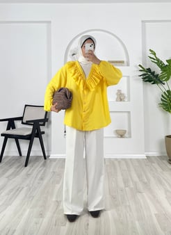 96314 - poplin kumaş önü fırfırlı dügmeli gömlek - sarı 