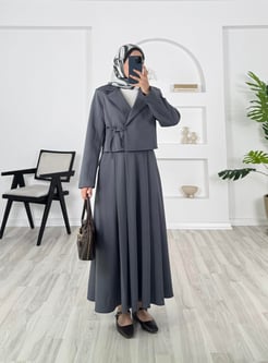 5527-interlok kumaş-ceketi yandan bağlamalı etekli takım-füme 