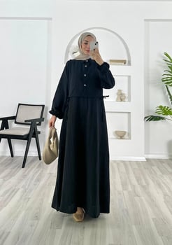 8530-tarakboşluğu kumaş-yelekli elbise-siyah