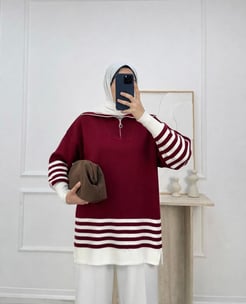 2162-fermuar yaka çizgili triko tunik-bordo