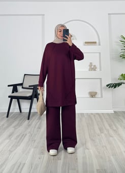 7321 -oysho kumaş önü çımalı bol paça pantolonlu takım - bordo
