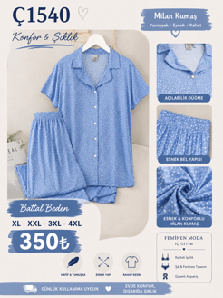 ç1543-milan kumaş büyük beden kısa kollu pijama takımı -mavi