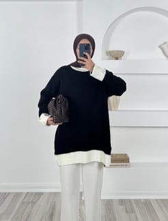 3641 - kolları dügme detaylı triko tunik - siyah