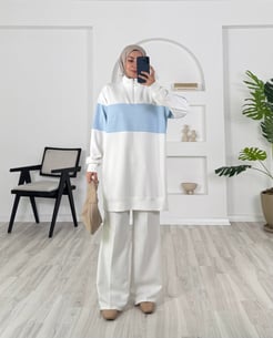 26127-oysho kumaş-yaka fermuar detaylı taşlı tunik-bebe mavisi