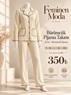 Ç7382 BÜRÜMCÜK CEPLİ DÜĞMELİ UZUN KOLLU TAKIM- KREM