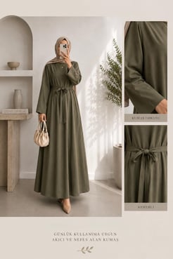 0183-tencel kumaş kuşaklı düz elbise-yeşil 