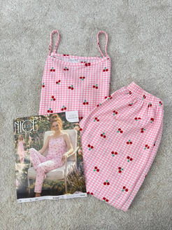 ç6327-bürümcük kumaş kirazlı ip askılı pijama takımı-pembe 