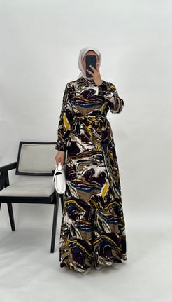 30250-pamuk viskon kumaş-etnik desenli elbise-mor