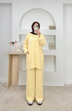 8644-oysho kumaş cepli pantolonlu takım-sarı  