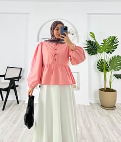 1186-Poplin kumaş önü bağlamalı etek üstü gömlek -pudra