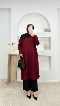7048-soğuk iplik kumaş triko tunik-bordo
