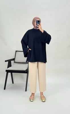 4421-oysho kumaş-kolları katlama detaylı yanları yırtmaçlı tunik-lacivert