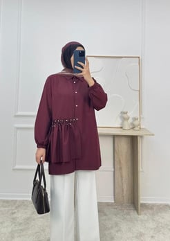 5985-poplin kumaş yandan taşlı tunik-bordo